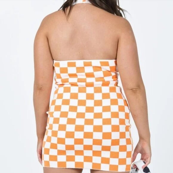 Women's XS/S Princess Polly Orange Checkmate Print Halter Bodycon Knit Mini - Picture 2 of 8